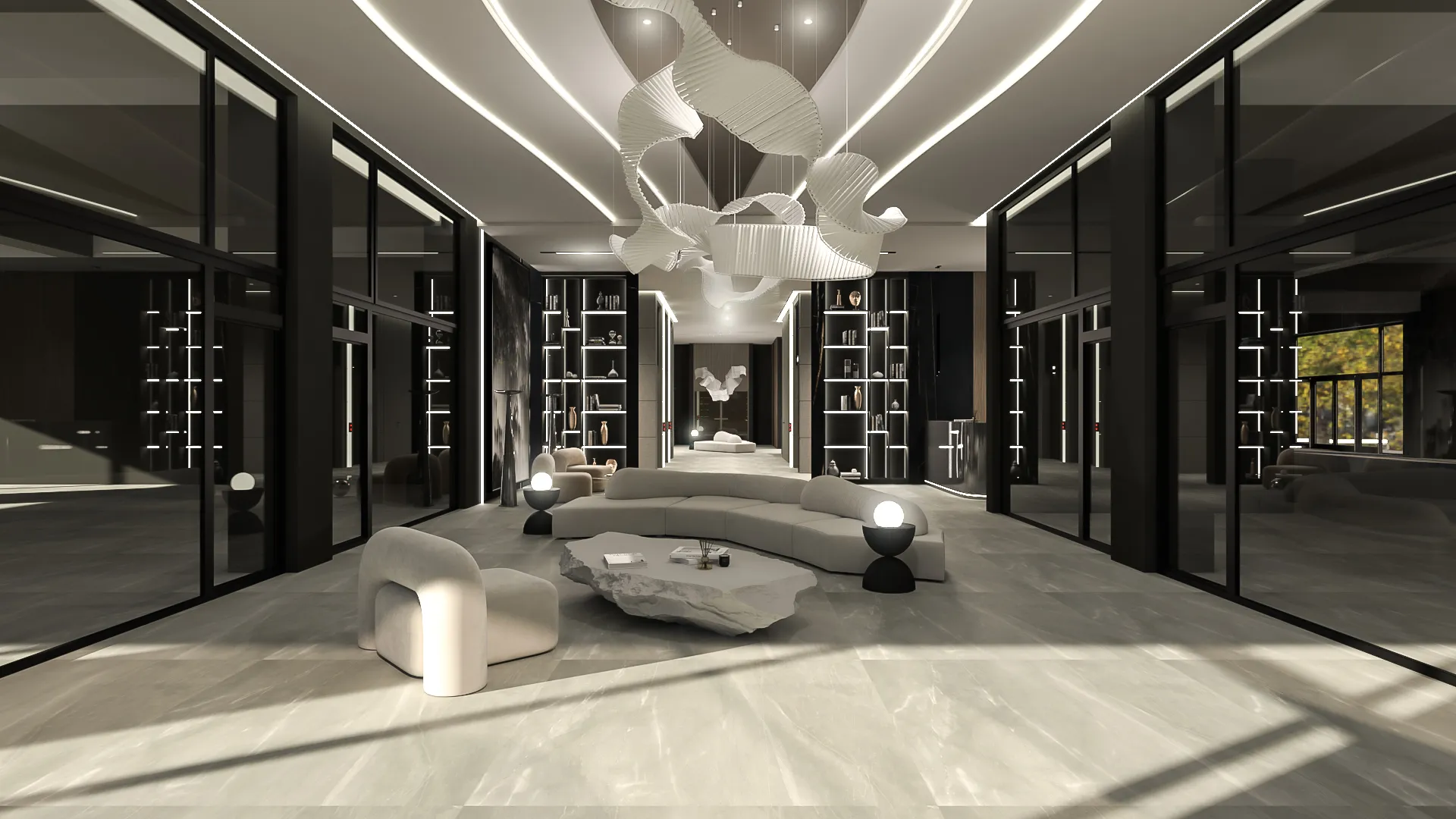 Randare interior — lobby cu corp de iluminat sculptural